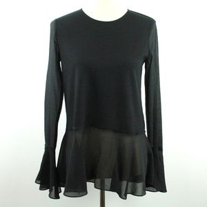 Theory Black Silk Trim Bell Sleeve Ruffle Hemline Tunic Top S